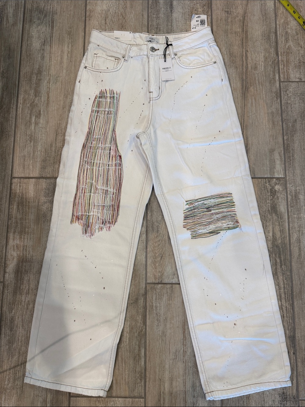 Forever21 NWT  White Distressed Jeans with Multicolor Patch Detail